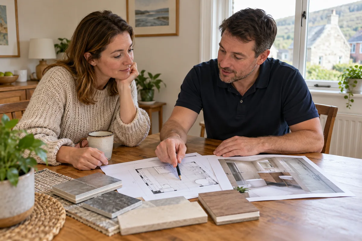 Bathroom adviser and homeowner reviewing a layout and tile samples