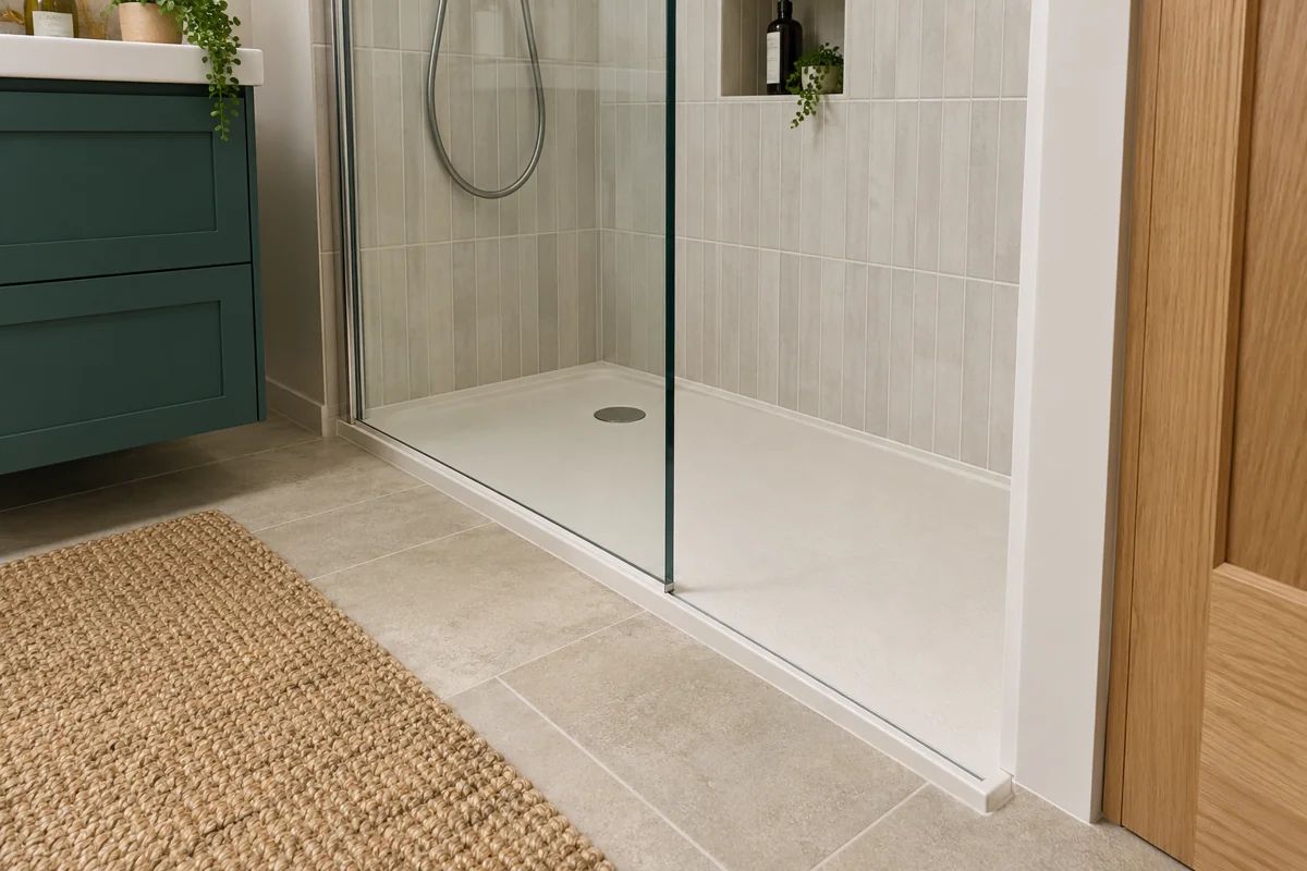 Finished shower tray and clear screen beside a green basin cabinet