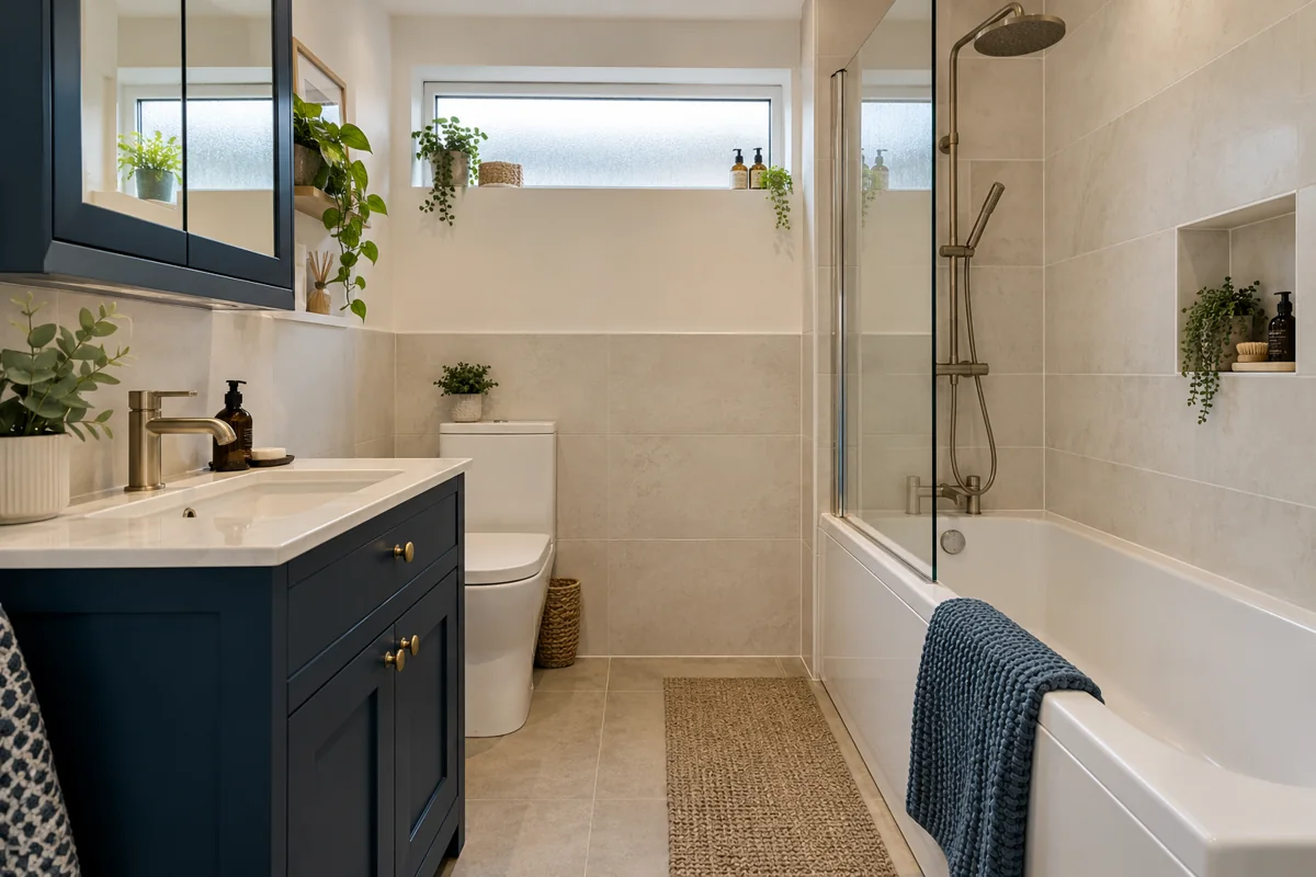 Navy framed vanity beside a standard fitted bath with shower screen