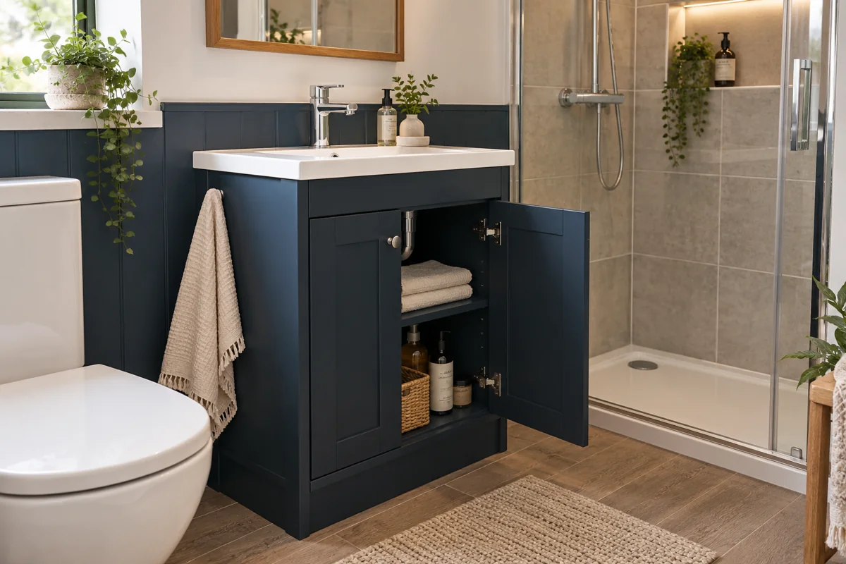 Open navy basin cupboard showing useful shelves and storage