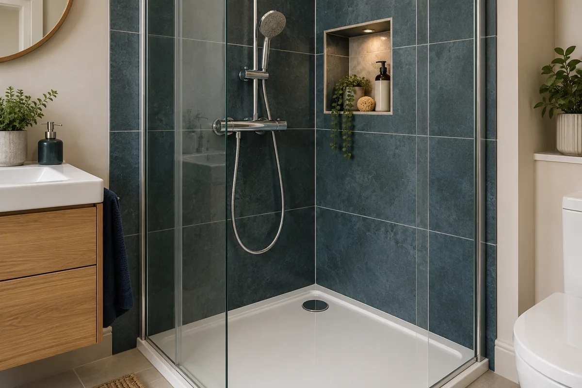 Chrome shower mixer and connected handset beside recessed storage
