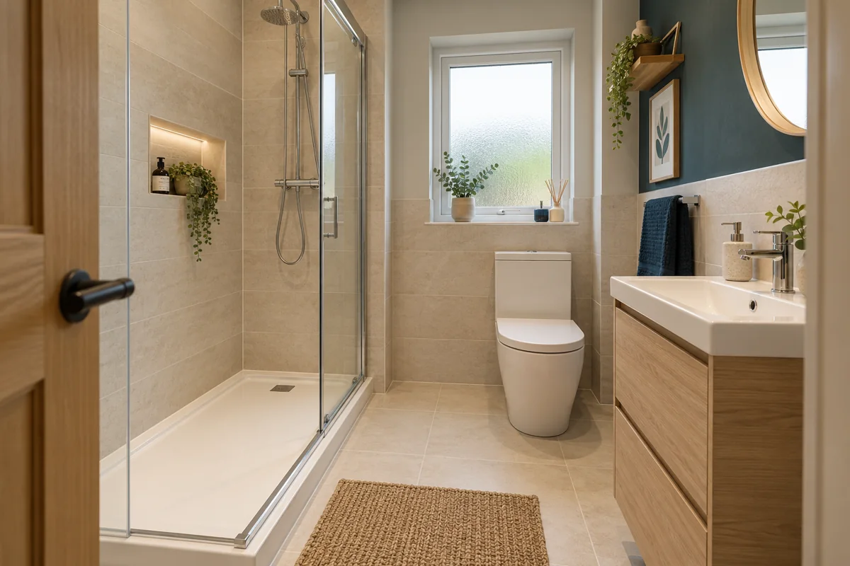 Oak vanity drawers beside a practical shower and clear central route