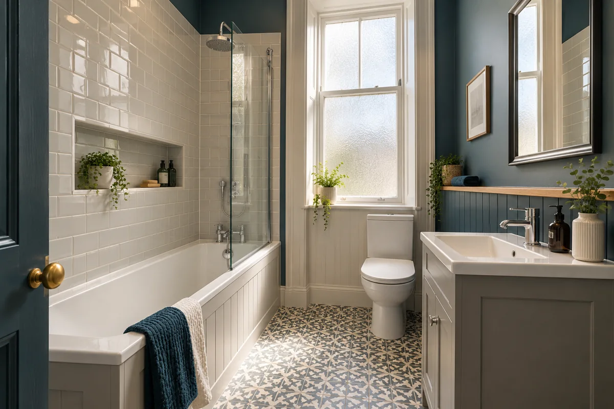 Compact grey vanity beside a fitted bath and tall sash window
