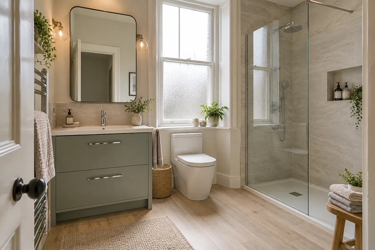 Sage vanity and walk-in shower with recessed storage in a compact bathroom