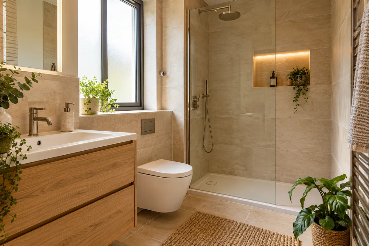 Natural bathroom with coordinated vanity, shower and storage