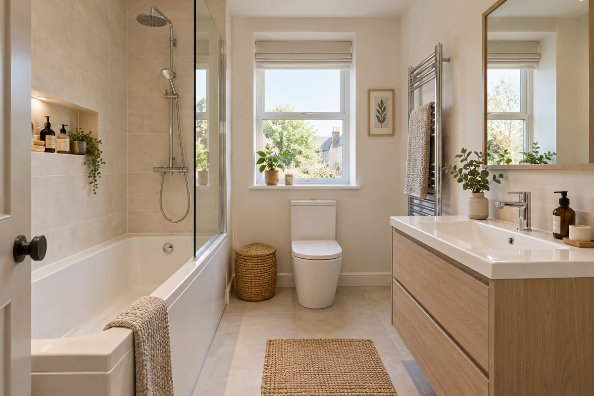 Fitted bath, oak vanity and matching chrome fittings in a family bathroom