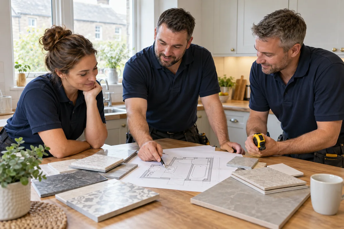 Three bathroom advisers reviewing plans and finish samples