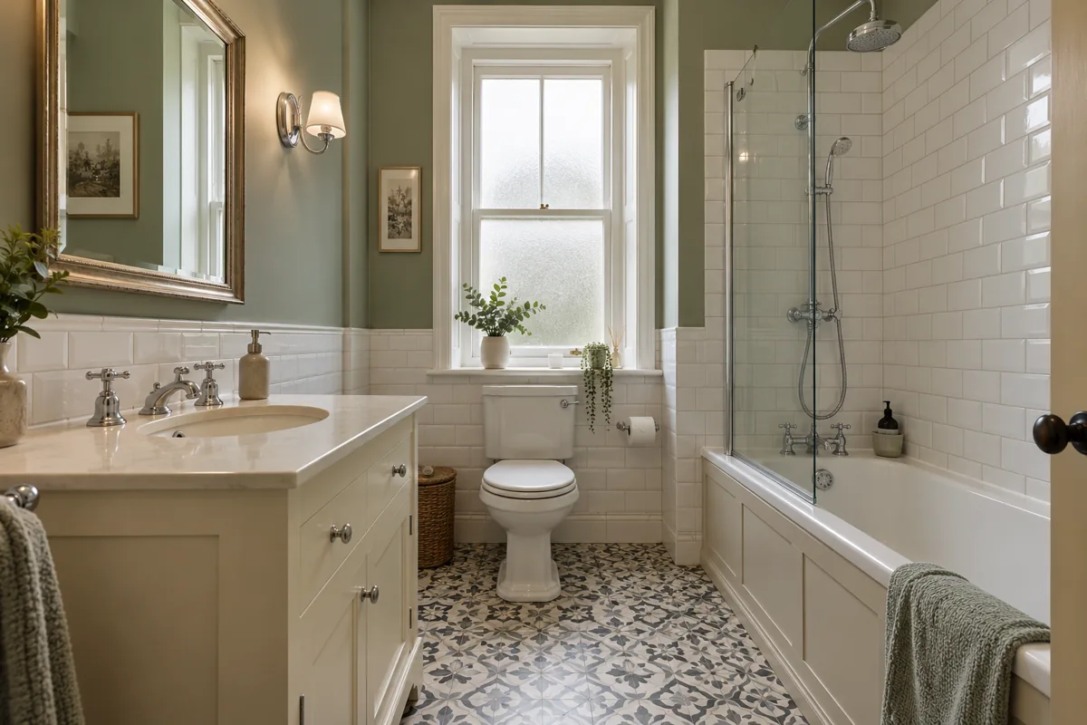 Traditional bathroom with coordinated vanity, shower and storage