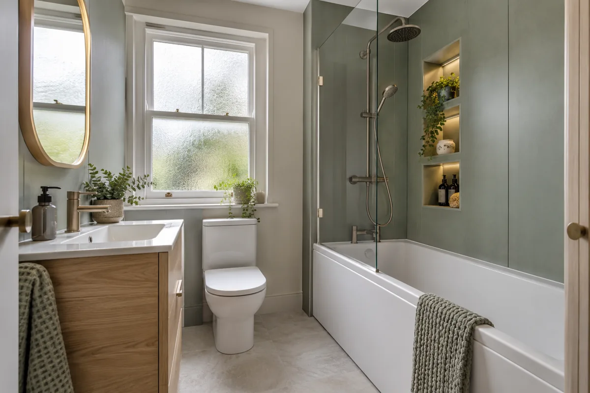 Fitted bath with shower screen and oak vanity