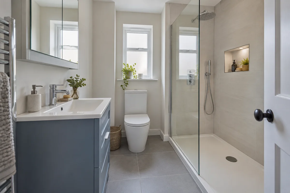 Blue vanity and glass shower screen in a compact shower room