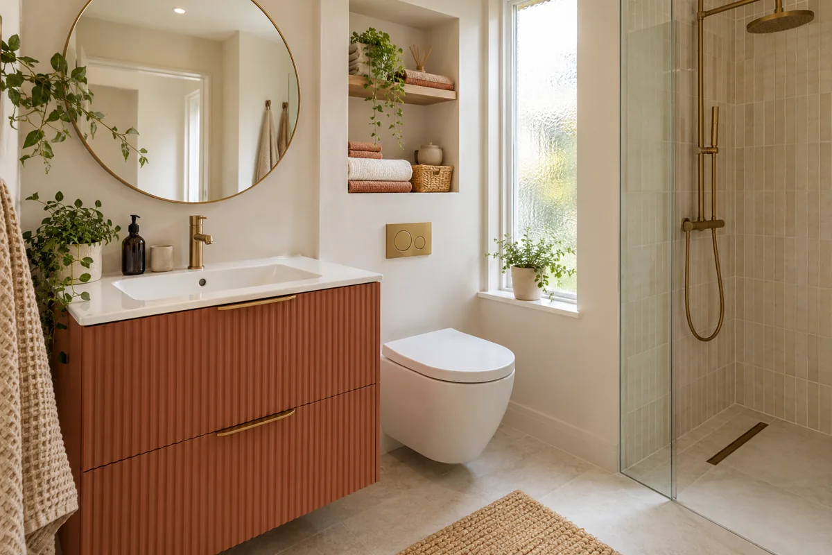 Terracotta vanity with useful bathroom shelving