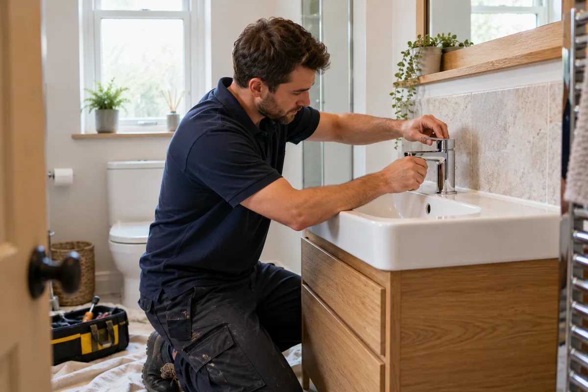 Installer fitting a chrome mixer tap to a bathroom basin