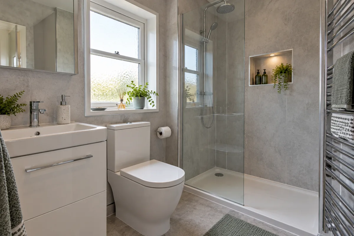 Compact fitted bathroom with vanity and walk-in shower