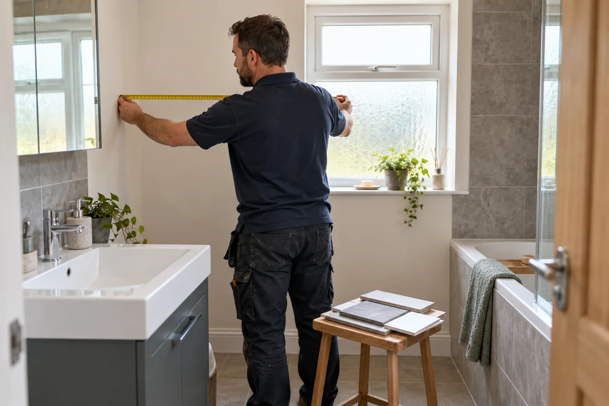 Bathroom fitter measuring a wall beside a fitted bath