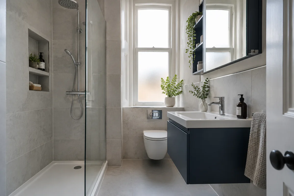 Modern bathroom with vanity, mirror and coordinated fittings