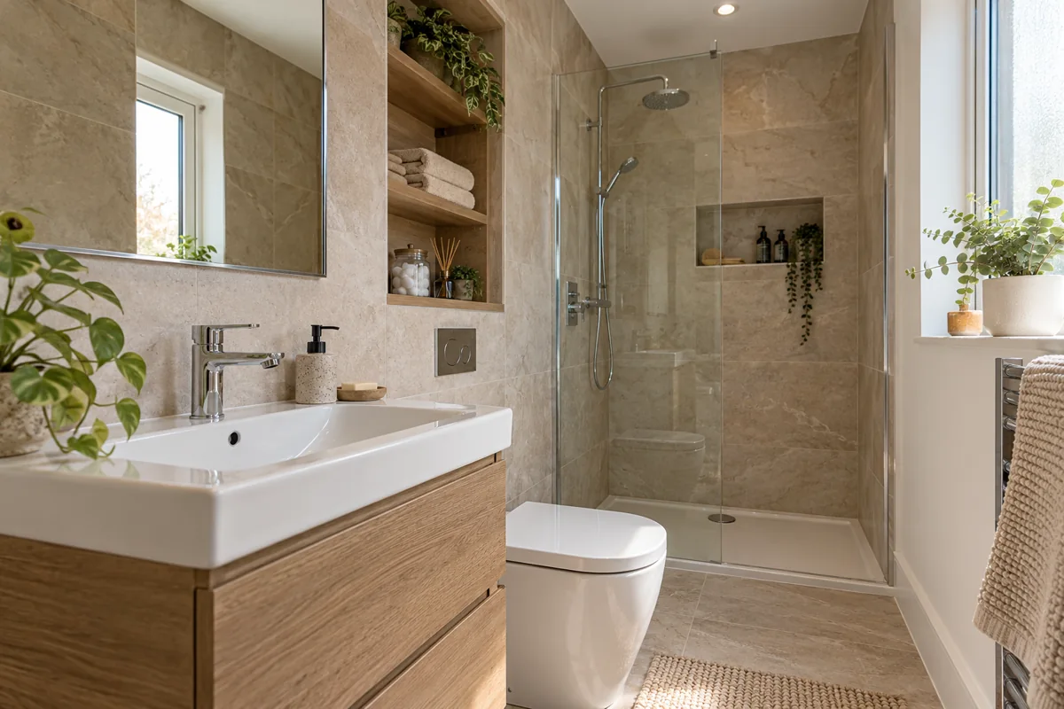 Natural bathroom vanity, tap and storage details
