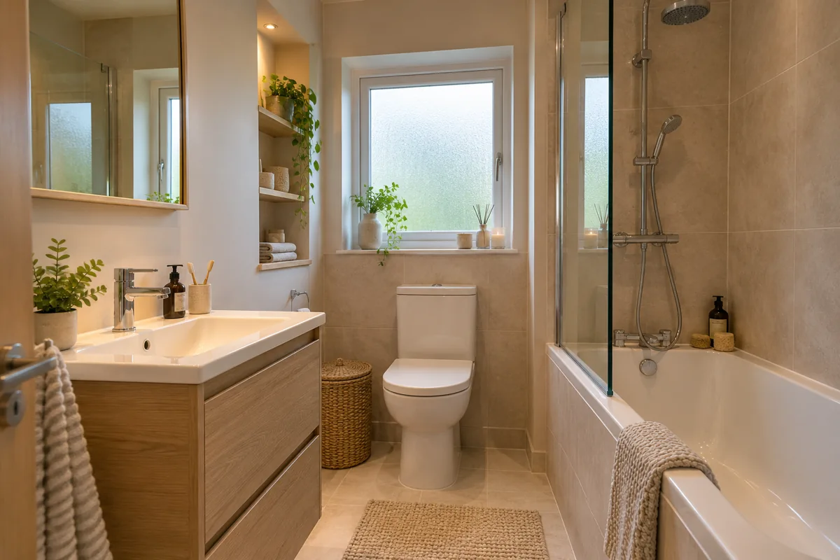 Natural bathroom with vanity, mirror and coordinated fittings