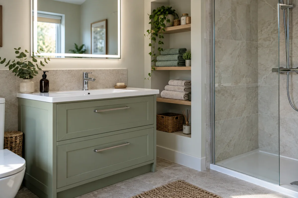 Green vanity with basin, mirror and recessed towel shelf