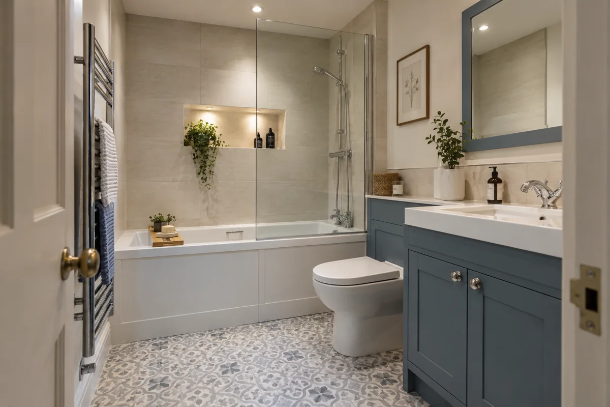 Blue framed vanity, fitted bath and coordinated chrome bathroom fittings