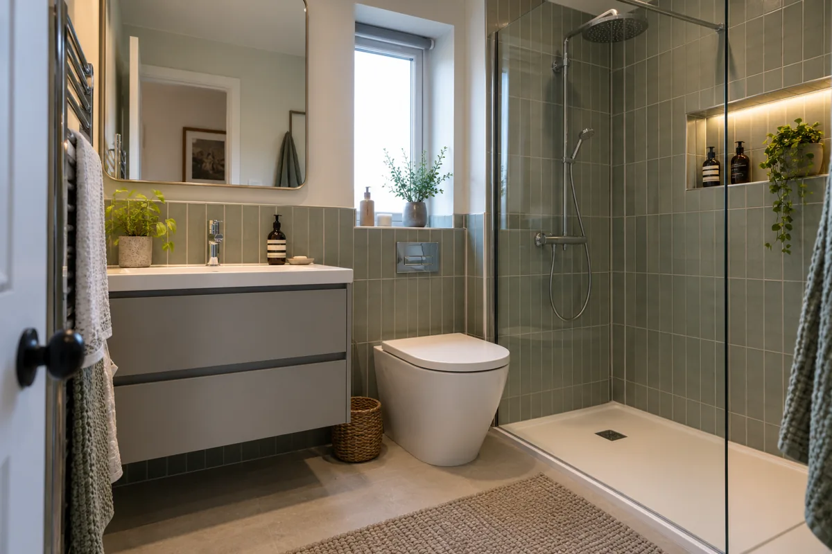 Modern bathroom with coordinated vanity, shower and storage