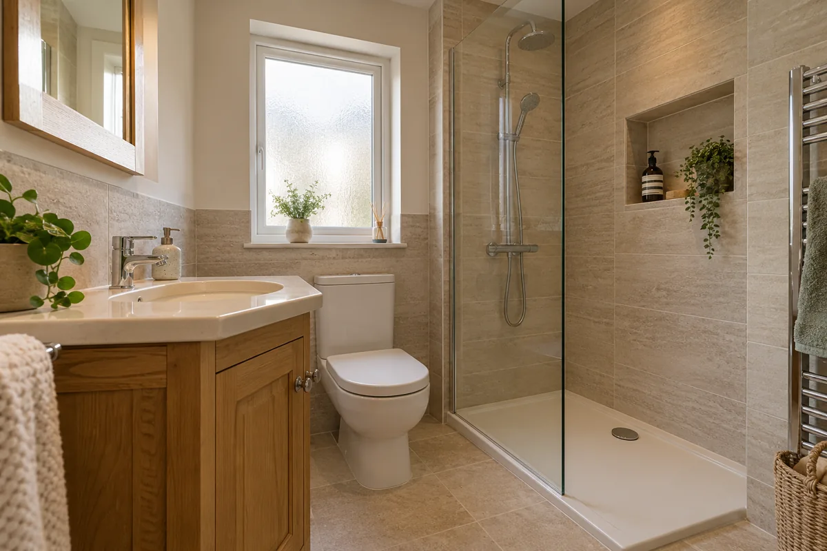 Natural bathroom with coordinated vanity, shower and storage