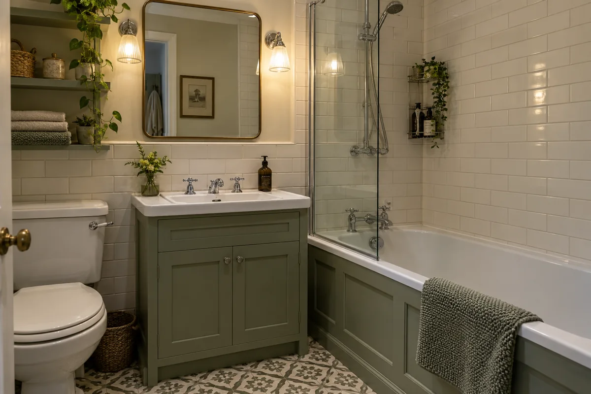 Traditional bathroom with coordinated vanity, shower and storage