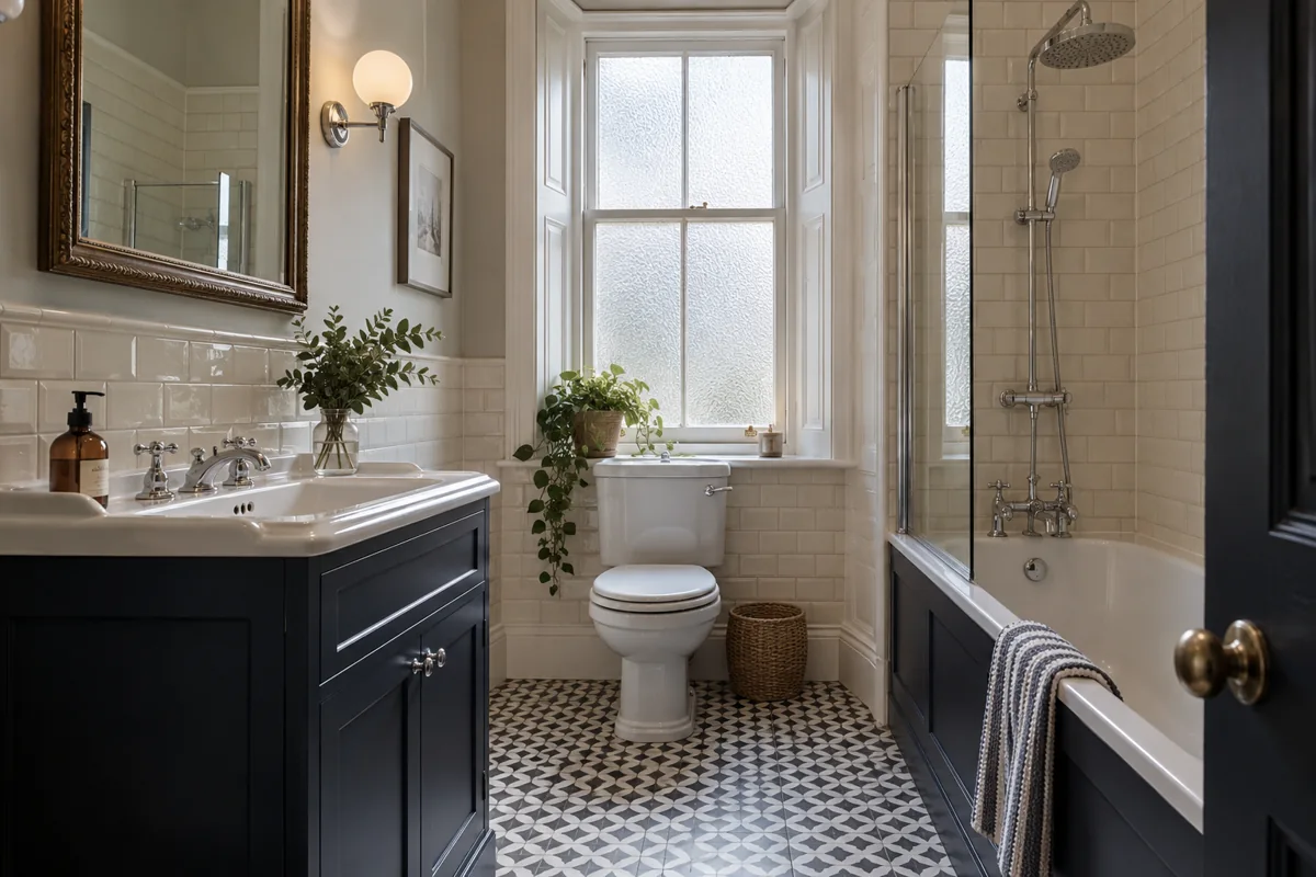 Traditional bathroom with vanity, mirror and coordinated fittings